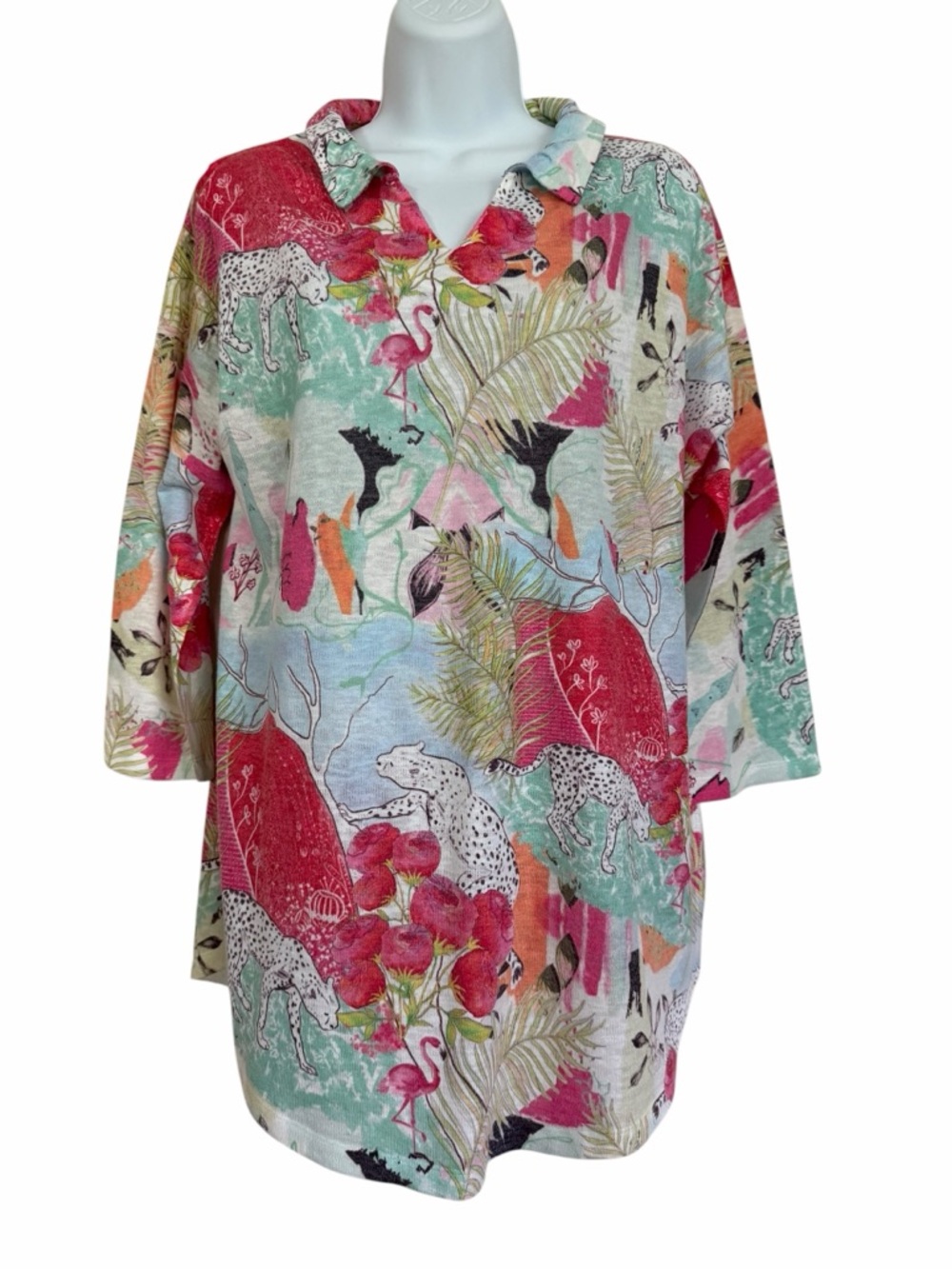 Multicolor Knit Tunic Top Shirt Size Large Casual Tropical USA V Neck Pullover